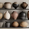 Handcrafted Ceramic Vessels Displayed On Shelves With Various Shapes And Natural Textures