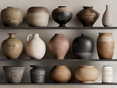 Handcrafted Ceramic Vessels Displayed On Shelves With Various Shapes And Natural Textures 3d model