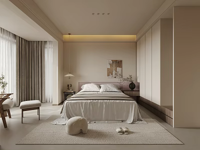 Modern Minimalist Bedroom Interior With Large Bed White Bedding And Neutral Tones 3d model