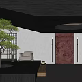 Modern Hotel Lobby Interior With Green Plant White Armchair Red Door And Round Ceiling Light
