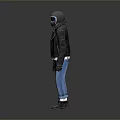Fashionable Outfit Including Black Leather Jacket White Shirt Blue Jeans Gray Helmet Goggles Gloves Boots