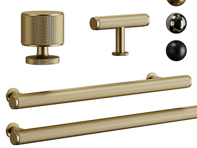 Elegant Brass Door Handles With Textured Cylindrical Bars And Black Spherical Knobs 3d model