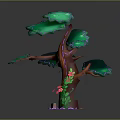 Cartoon Tree Scene With Red Trunk Green Leaves Pink Flowers And Purple Base