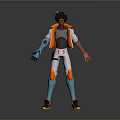 Futuristic 3D Character Model with White Pants Orange Vest and Blue Mechanical Arm
