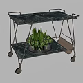 Two Tier Marble Top Trolley With Metal Frame Wheels And Green Plant