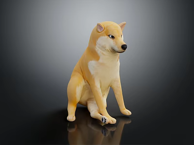 Yellow Shiba Inu Stuffed Toy Sitting On Shiny Surface With Dark Background 3d model
