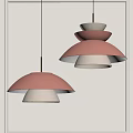 Pair Of Modern Multi Layered Pendant Lights With Red Textured Shades And Warm Glow