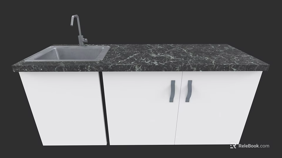 Modern White Kitchen Cabinet Set With Marble Countertop Sink And Faucet 3d model 