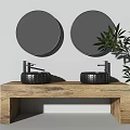 Modern Bathroom Vanity With Double Black Washbasins Round Mirrors Wooden Countertop And Potted Plant