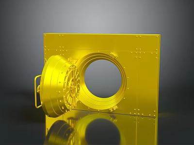 Golden Safe Door Design With Circular Opening Metal Panel And Handle 3d model
