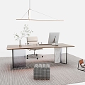 Modern Desk and Chair Combination Finished Desk Office Chair Chandelier Desktop Computer Carpet Green Plant 3d model