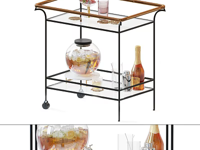 Commercial Serving Cart with Glass Shelves and Mobile Wheels for Drinks and Bar Accessories 3d model