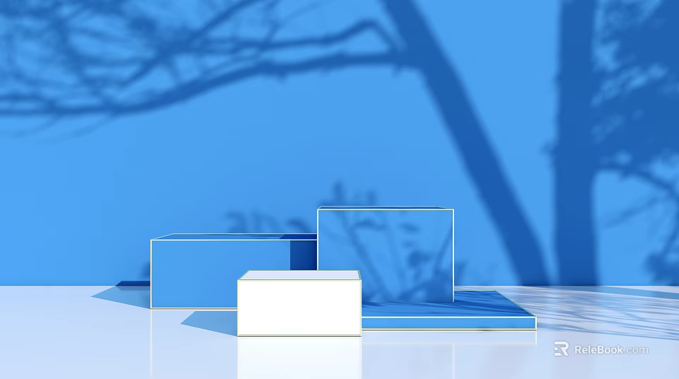 Modern Transparent And White Display Shelves With Blue Background And Tree Shadows 3d model 