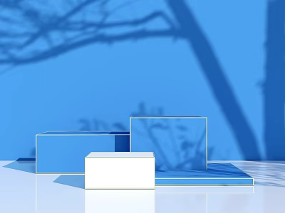 Modern Transparent And White Display Shelves With Blue Background And Tree Shadows 3d model