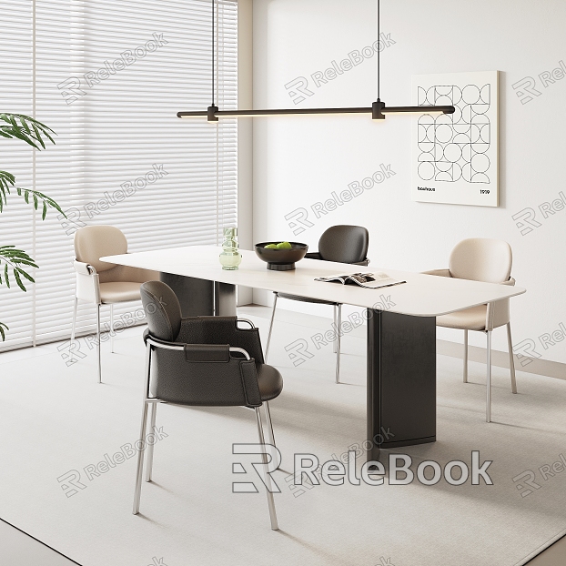 Modern Simple Dining Table and Chair Combination Long Dining Table Marble Dining Table and Chair Combination Simple Dining Chair Simple Chandelier model