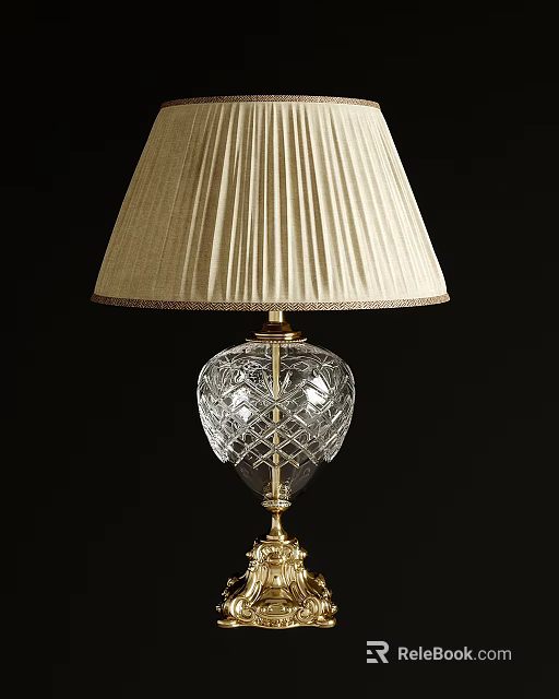 Crystal Table Lamp with Pleated Cream Lampshade and Cut Glass Golden Base 3d model 
