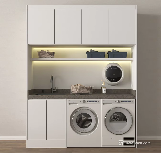 Balcony Cabinet Design With Washing Machine Dryer Countertop Faucet And Storage Baskets 3d model 