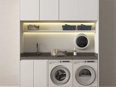 Balcony Cabinet Design With Washing Machine Dryer Countertop Faucet And Storage Baskets 3d model