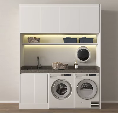 Balcony Cabinet Design With Washing Machine Dryer Countertop Faucet And Storage Baskets 3d model