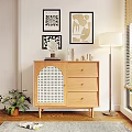 Elegant Wooden Sideboard With Drawers Decorative Items Floor Lamp And Wall Art