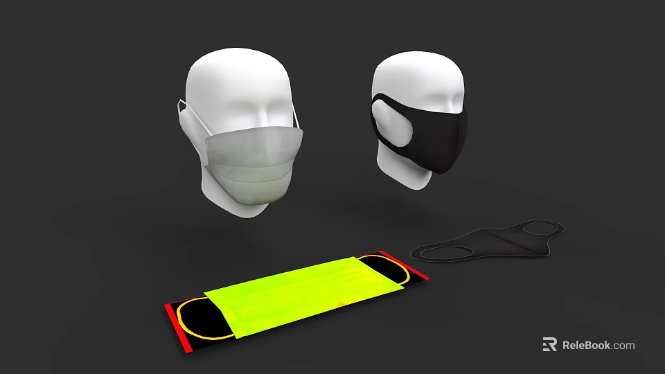 White Mannequin Heads Wearing Different Colored Face Masks And Straps 3d model 