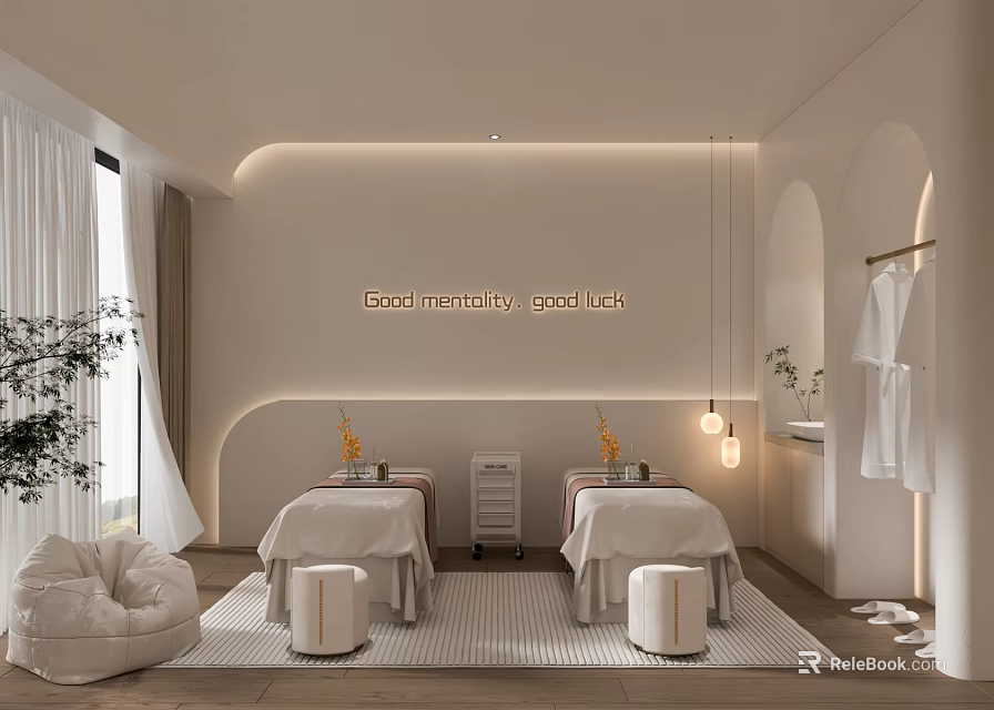 Modern Beauty Salon Interior With Relaxing Treatment Beds Soft Lighting And Green Plants 3d model 