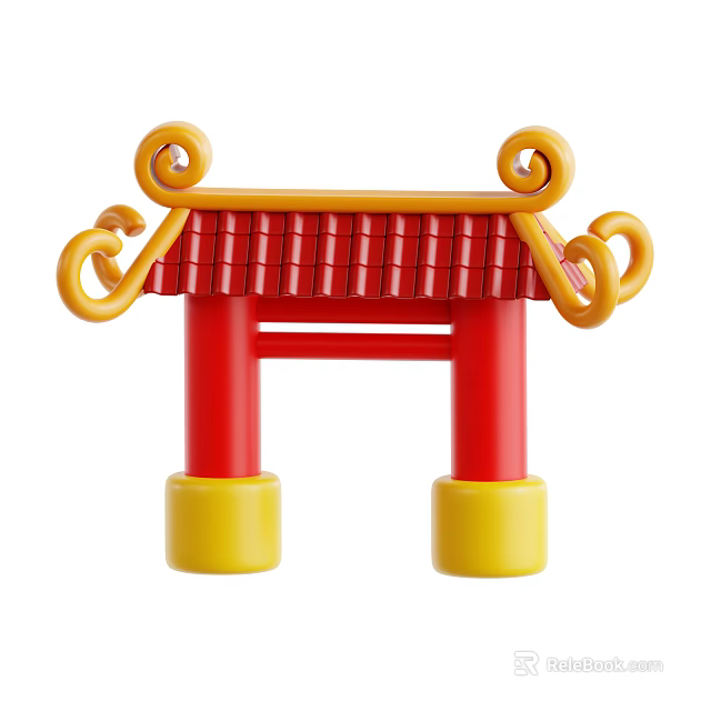 Traditional Chinese Decorative Ornament Set with Red Roof Yellow Pillars and Base for Home Decor 3d model 