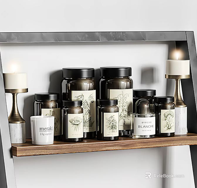 Stylish Bathroom Accessories With Candle Holders And Jars 3d model 
