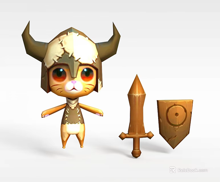 Cartoon Cat Themed Locker With Horned Helmet Wooden Sword And Shield Decor 3d model 