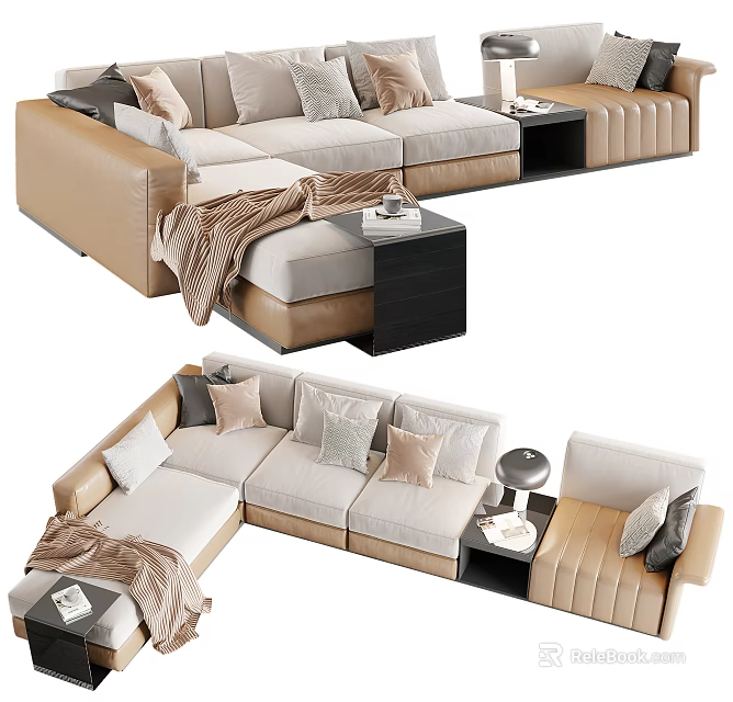 Beige Sectional Sofa With Decorative Pillows Throw Blanket And Side Tables 3d model