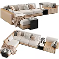 Beige Sectional Sofa With Decorative Pillows Throw Blanket And Side Tables 3d model