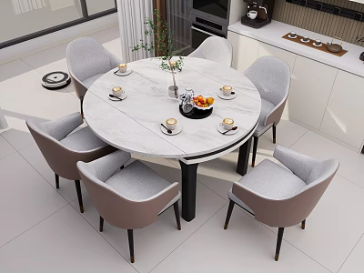 Round Marble Dining Table with Grey Chairs and Decorative Vase Fruit Cups in Modern Kitchen 3d model