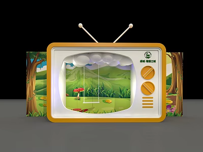Vintage TV Themed Display With Yellow Frame Forest Adventure Scene And Decorative Elements 3d model