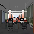 Modern Public Office Space With Large Windows Blinds Orange Chairs White Desks And Black Computers