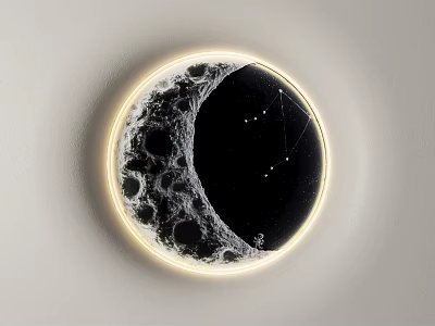 Crescent Moon and Stars Themed Circular Wall Lamp With Illuminated Edge on Light Wall 3d model