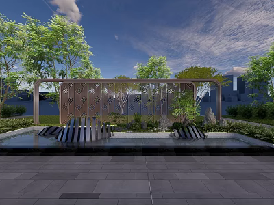 Scenic Feature Wall Design With Green Plants Water Feature And Paved Ground 3d model