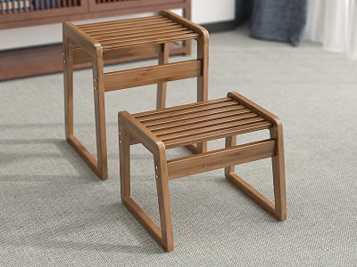 Two Wooden Slatted Seat Stools With Square Frame For Indoor Use 3d model