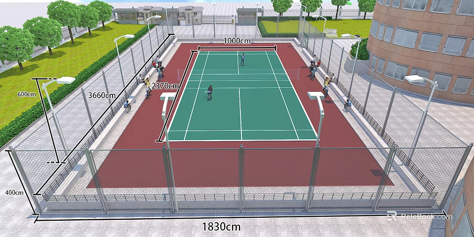 Kindergarten Outdoor Tennis Court With Fenced Area Lampposts And Green Playground 3d model 