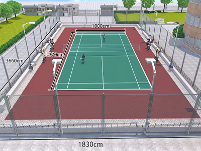 Kindergarten Outdoor Tennis Court With Fenced Area Lampposts And Green Playground 3d model