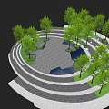 Circular Garden Landscape Design With Green Trees Water Pond And Stone Paths