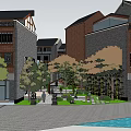 Modern Commercial Street With Buildings Greenery Shop Fronts And Pedestrian Areas