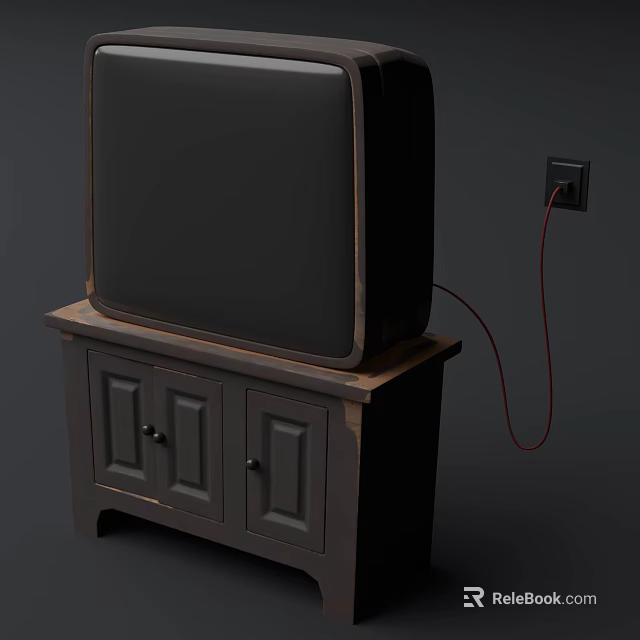 Vintage Television Set On Dark Wooden Cabinet With Doors Connected To Wall Socket Red Cable 3d model 