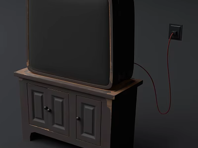 Vintage Television Set On Dark Wooden Cabinet With Doors Connected To Wall Socket Red Cable 3d model