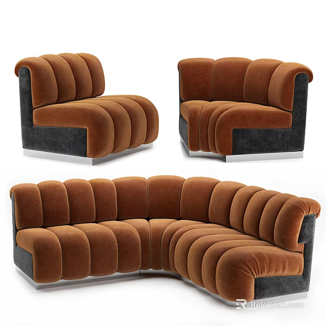 Modern Brown Velvet Sofa Set With Curved Seating And Metal Legs Living Room 3d model 