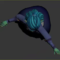 Magical Elf Creature Character Green Skin Blue Hair Silver Armor Orange Dress Blue Cape Standing