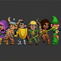Group Of Colorful Cartoon Warrior Characters Holding Swords Bows And Staffs