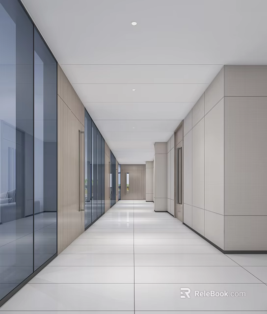 Modern Office Corridor Design With Glass Partitions Wooden Walls And Sleek Floors 3d model 