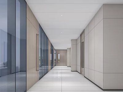 Modern Office Corridor Design With Glass Partitions Wooden Walls And Sleek Floors 3d model