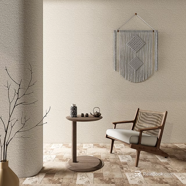 Leisure Chair With Wooden Frame Cushioned Seat Round Side Table And Macrame Wall Hanging 3d model 