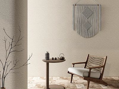 Leisure Chair With Wooden Frame Cushioned Seat Round Side Table And Macrame Wall Hanging 3d model